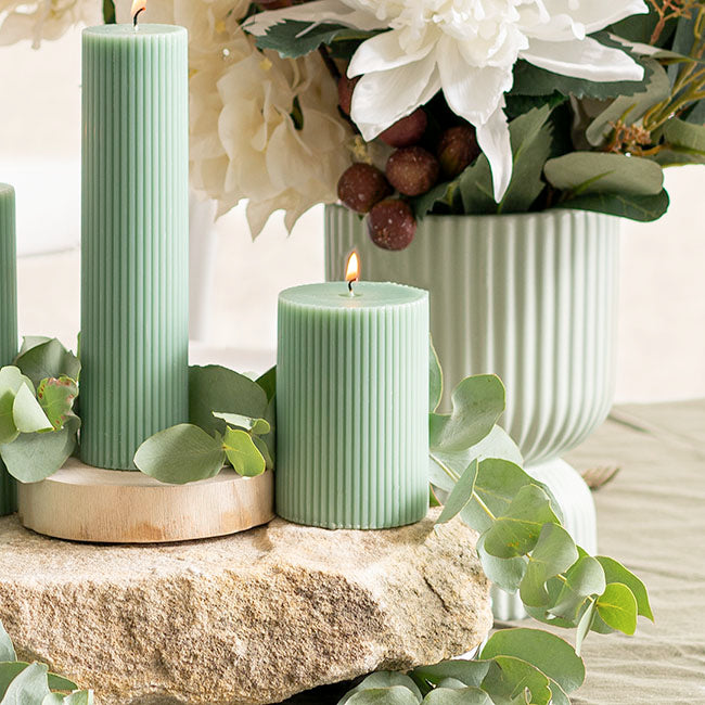 Roman Fluted Pillar Candle Pale Sage (7x10cmH)