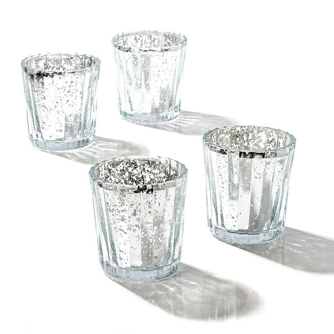 Glass Votive Candle Holder Stripe Mercury Silver 5.5x6.8cmH